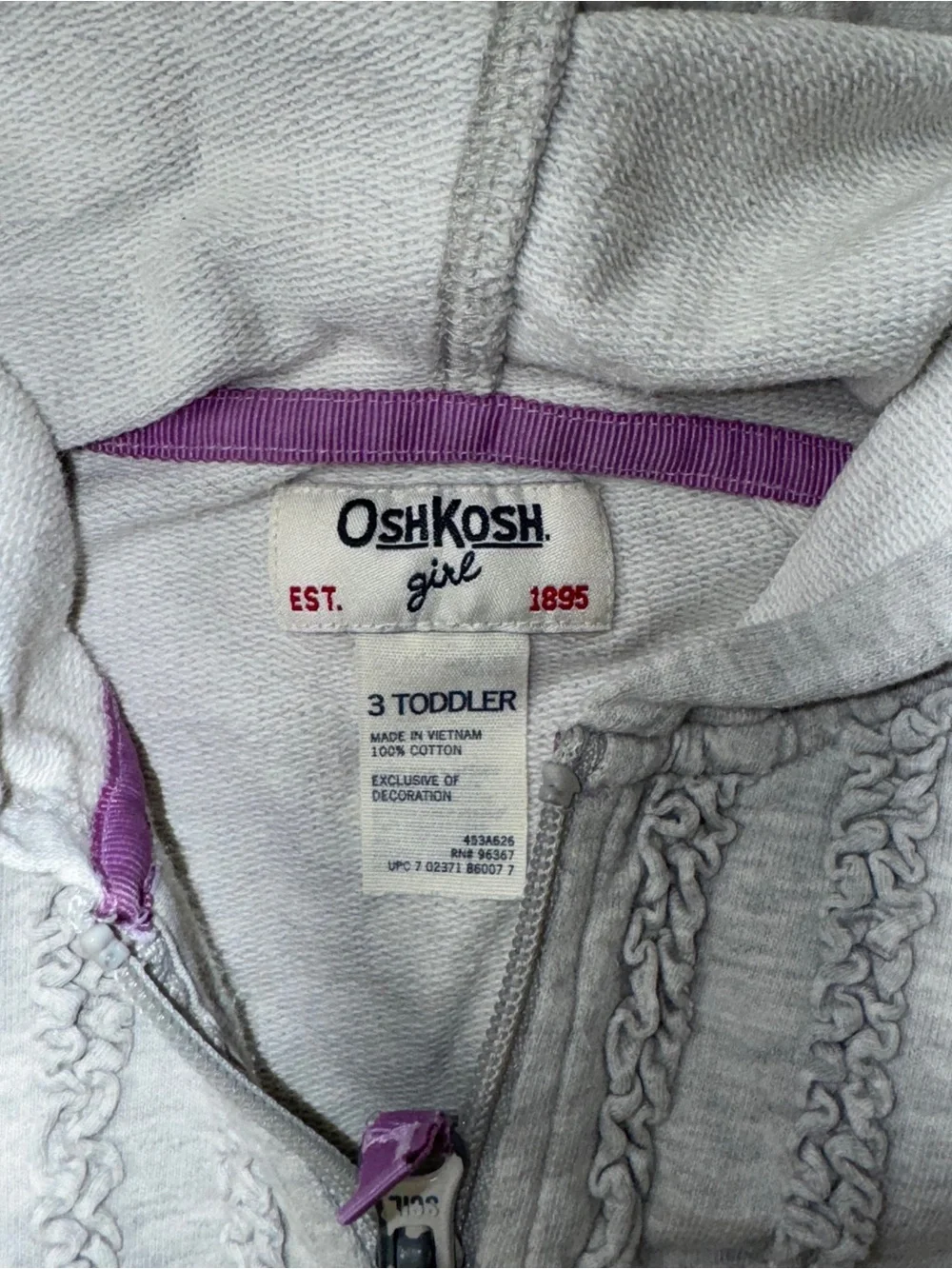 Oshkosh Hoodie Zippered Jacket Girl’s 3T Gray Ruffle Summer Warmup Outdoor Cute